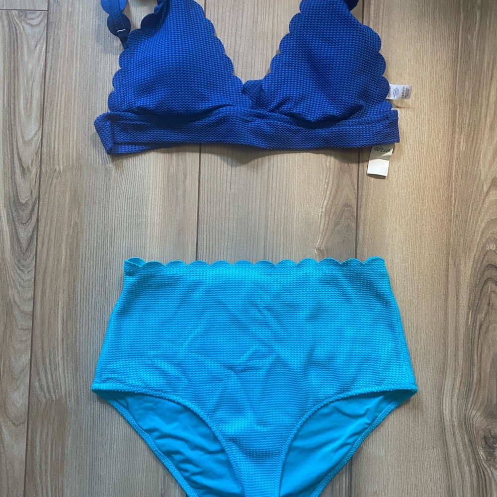 Aerie Vibrant Blue Scalloped Textured Bikini Top & Teal High Waisted Bottom